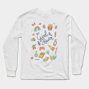 Girl Power Doodle in Coral + Aqua + Yellow Long Sleeve T-Shirt